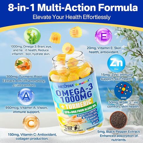 Vegan Omega-3 1000mg + Turmeric Gummies - Fish Oil Alternative for Adults - Algae Oil DHA 600mg & EPA 300mg, Vitamin A, C, E, Zinc & MSM - Mobility Comfort, Skin, Immune, Brain, Eye Health, 60 Cts in Saudi Arabia