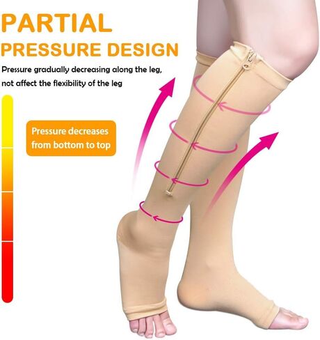 Compression Socks Stretchy Zipper Leg Support Open Toe Knee Stockings Unisex (3 Pairs)(L/XL) in Kuwait