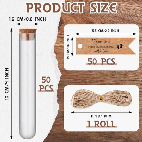 50 مجموعة من الأنابيب البلاستيكية الشفافة مع هدايا استحمام الطفل من الفلين للضيوف في حفل الشاي، شكرًا لك على استحمام طفلنا بعلامات الحب لتخزين حبوب القهوة والملح والزهور المجففة والنباتات (أنبوب فارغ) in Kuwait