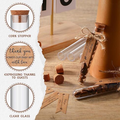 50 مجموعة من الأنابيب البلاستيكية الشفافة مع هدايا استحمام الطفل من الفلين للضيوف في حفل الشاي، شكرًا لك على استحمام طفلنا بعلامات الحب لتخزين حبوب القهوة والملح والزهور المجففة والنباتات (أنبوب فارغ) in Kuwait