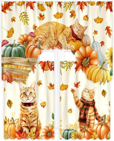 Frienda Fall Cat Valances الخريف عيد الشكر هريرة نافذة الستارة الخريف ستائر المطبخ والستائر مجموعة أوراق اليقطين مزرعة الستارة لغرفة النوم وغرفة المعيشة، 60 × 36 الستارة، 36 × 30 الطبقة in Saudi Arabia