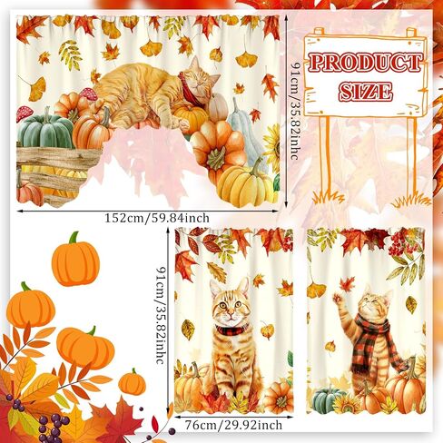 Frienda Fall Cat Valances الخريف عيد الشكر هريرة نافذة الستارة الخريف ستائر المطبخ والستائر مجموعة أوراق اليقطين مزرعة الستارة لغرفة النوم وغرفة المعيشة، 60 × 36 الستارة، 36 × 30 الطبقة in Saudi Arabia