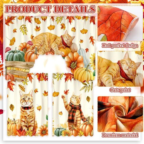 Frienda Fall Cat Valances الخريف عيد الشكر هريرة نافذة الستارة الخريف ستائر المطبخ والستائر مجموعة أوراق اليقطين مزرعة الستارة لغرفة النوم وغرفة المعيشة، 60 × 36 الستارة، 36 × 30 الطبقة in Saudi Arabia