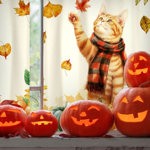 Frienda Fall Cat Valances الخريف عيد الشكر هريرة نافذة الستارة الخريف ستائر المطبخ والستائر مجموعة أوراق اليقطين مزرعة الستارة لغرفة النوم وغرفة المعيشة، 60 × 36 الستارة، 36 × 30 الطبقة in Saudi Arabia