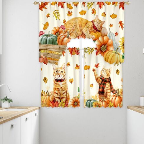 Frienda Fall Cat Valances الخريف عيد الشكر هريرة نافذة الستارة الخريف ستائر المطبخ والستائر مجموعة أوراق اليقطين مزرعة الستارة لغرفة النوم وغرفة المعيشة، 60 × 36 الستارة، 36 × 30 الطبقة in Saudi Arabia