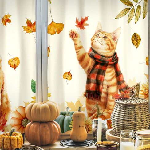 Frienda Fall Cat Valances الخريف عيد الشكر هريرة نافذة الستارة الخريف ستائر المطبخ والستائر مجموعة أوراق اليقطين مزرعة الستارة لغرفة النوم وغرفة المعيشة، 60 × 36 الستارة، 36 × 30 الطبقة in Saudi Arabia