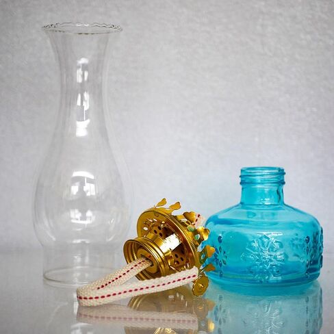 Chamber Oil Lamp -10.6''×3.35'' Snowflake Blue Vintage Kerosene Lamp Crimped Top Chimney Beautifully Carved Glass Oil Lamps for Indoor Use in Kuwait