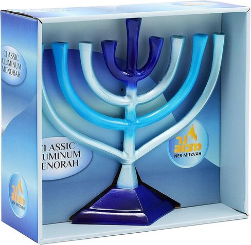 Ner Mitzvah Colorful Aluminum Candle Menorah - Fits All Standard Chanukah Candles - Artistic Blue Gradient Tie Dye Design - 10" High in Kuwait