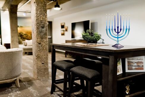 Ner Mitzvah Colorful Aluminum Candle Menorah - Fits All Standard Chanukah Candles - Artistic Blue Gradient Tie Dye Design - 10" High in Kuwait