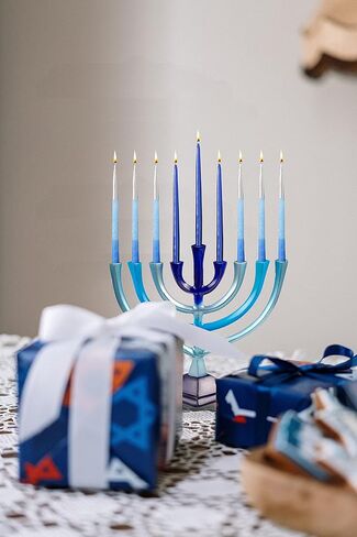 Ner Mitzvah Colorful Aluminum Candle Menorah - Fits All Standard Chanukah Candles - Artistic Blue Gradient Tie Dye Design - 10" High in Kuwait