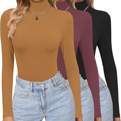 Ekouaer Women's 3 Pack Turtleneck Shirts Long Sleeve Mock Tops Lightweight Basic Layering Thermal in Saudi Arabia