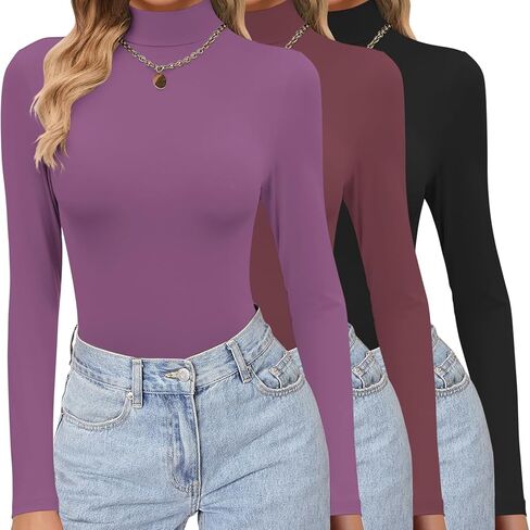 Ekouaer Women's 3 Pack Turtleneck Shirts Long Sleeve Mock Tops Lightweight Basic Layering Thermal in Saudi Arabia