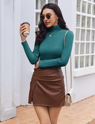 Ekouaer Womens Turtleneck Shirts Long Sleeve Slim Fit Fall Fashion Base Layer Pullover Fleece Ribbed Thermal Underwear Tops in Saudi Arabia