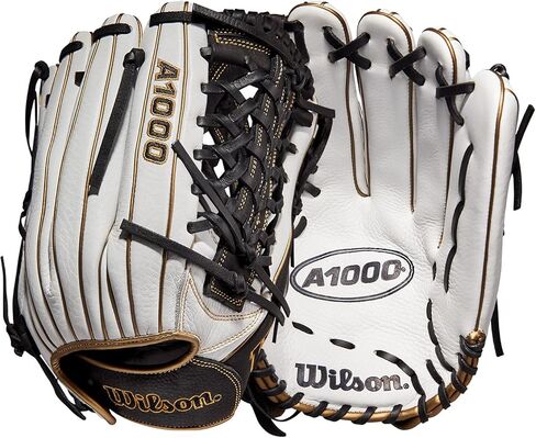 قفاز ويلسون 2022 A1000 T125 مقاس 12.5 بوصة Fastpitch Outfield - غطاء لليد اليسرى، أبيض/أسود/ذهبي معدني in Saudi Arabia