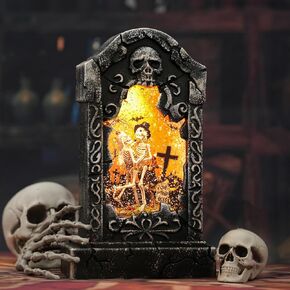 Halloween Decorations Indoor-Musical Halloween Snow Globe Wedding Skeleton Couple Tombstone 6H Timer,11" Skull Statue Lighted Lantern for Halloween Party Decorations,Skeleton Halloween Decor for Home