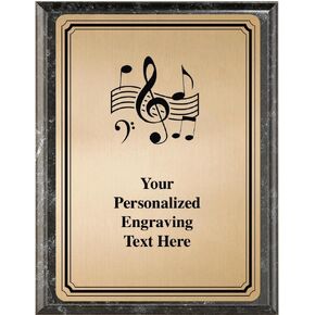 Crown Awards Music Plaque Award, 6x8 Personalized Gold Music Note Metal Trophy On Black Marble Plaque with Custom Engraving Prime