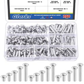 Glarks 260Pcs M5x6/10/14/20/25 Aluminum Brazier Head Solid Rivets Length 6mm 10mm 14mm 20mm 25mm Aluminum Rivets Fasteners High Corrosion Resistance for Metal Joining and Repair