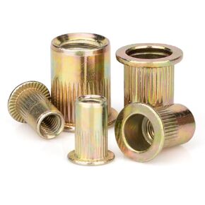 Rivet Nuts 130pcs Kits, 40pcs 10-24, 40pcs 8-32, 30 pcs 1/4-20, 10 pcs 5/16"-18, 10 pcs 3/8-16UNC Rivet Nut, Carbon Steel Flat Head Rivnut Threaded Insert Nut, Knurled Body Nuts