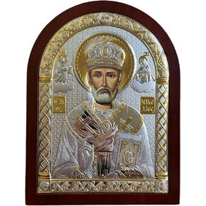 (A-4/003G/K) Saint Nicholas Byzantine Silver Orthodox Icon/Greek Handmade (red, 8x6)