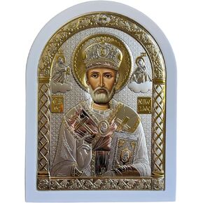 (A-4/003G/K) Saint Nicholas Byzantine Silver Orthodox Icon/Greek Handmade (red, 8x6)