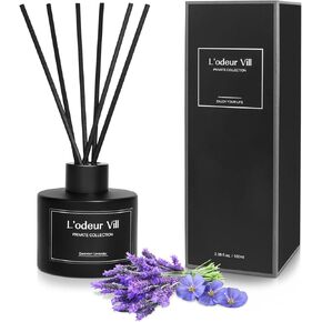 موزع روائح عطر L'odeur Vill Reed، 3.4 أونصة (100 مل) مجموعة ناشر روائح اللافندر إبرة الراعي مع 6 أعواد ناشرة للزيوت، ناشر رائحة عطرية سوداء غير لامعة، عطر منزلي طويل الأمد للحمام والحمام