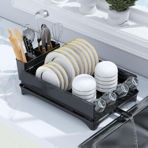 Dish Drying Rack,Compact Dish Rack with a Cutlery Holder,Dish Drainers for Kitchen Counter,12" W x 16.5" D,(Matte Black)