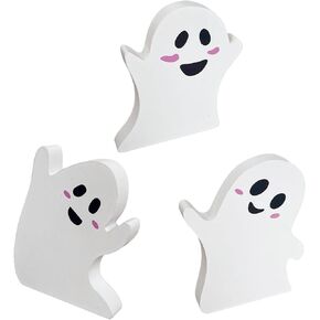 Cute Ghost Halloween Decorations Indoor, Halloween Spooky Decorations, Wooden Tiered Tray Decor Table Sign, Halloween Decor Wooden Ghost Sign for Party Home Shelf Display, 3 Pcs