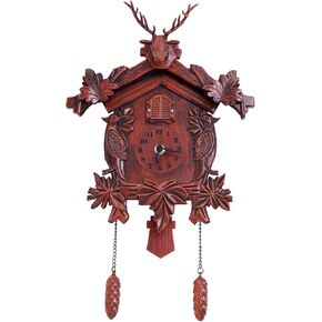 Cuckoo Clock Vintage Handcrafted Resin Wall Clock, 16 x 9.8 inches, with Deer Antlers, Red
