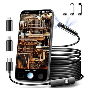 Dual Lens Endoscope Inspection Camera by AURTEC, Dual HD Lens, IP68 Waterproof, 16.5FT/5M Semi-Rigid Cable, Borescope Camera with LED Lights, Compatible with Android and iOS Devices