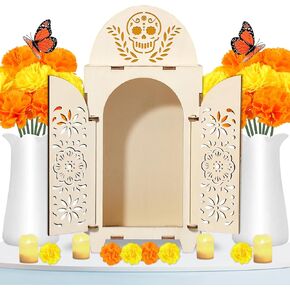 51Pcs Dia De Los Muertos Decorations Wooden Shadow Box Day of The Dead Ofrenda Altar Decor with Marigold Butterfly Candle Remembrance Supplies