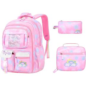 3PCS SET Kids Backpacks For Girls, Bookbag For Girls Backpack With Lunch Box & Pencil Pouch School Backpack For Girls, Back To School Supplies For Kid Elementary School Student Ages 6+(PINK)