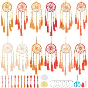 INFUNLY 12PCS DIY Small Dream Catcher Kit Handmade Orange Dreamcatcher for Adult Beginner DIY Mini Hanging Ornament Starter Making Kit for Bedroom Car Mirror Keychain bag Bohemian Decoration DIY Craft