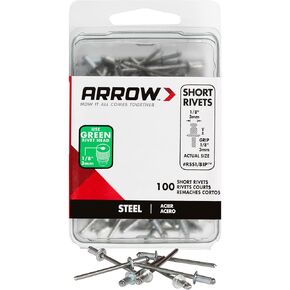 Arrow RSS1/8IP Short Steel 1/8-Inch Pop Rivets for Metal, Fabric, Leather, and Auto Repair, 100-Pack