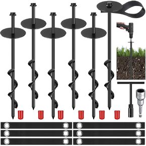 LEIFIDE 6-Piece 12'' Trampoline Anchor Kit - Wind Stakes with Belt Straps (Black)