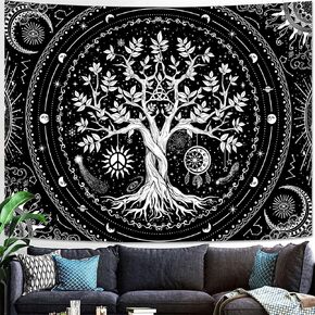AMM Moon Garden Tapestry Moonlit Green Plant Botanical Mushroom Flowers Tapestry Wall Hanging Black Nature Floral Butterfly Aesthetic Tapestries for Bedroom Dorm Living Room (48'' × 36'')