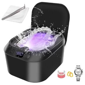 Ultrasonic Cleaner with UV Function, Professional 46KHz Jewelry Cleaner with 3 Stage Digital Timer, 45dB Low Sonic Stainless Steel Tank Portable Cleaning Machine for Rings, Earrings, Coins, Dentures
