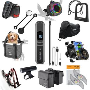 Himiway 10 Pack Bicycle Accessories, Tire Inflator Portable Air Compressor, Bike Handlebar Bag/Lock/Phone Holder/Basket/Headlight/Taillight with Alarm, Gift Pack for Riding