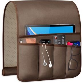 Remote Control Holder for Armchair Caddy，Couch Caddy Organizer TV Remote Holder for Bed Storage 5 Pockets，Remote Caddy Bedside Organizer Bedside Table Organizer (Brown, 35"x12.4")