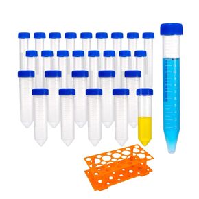 jiuwu Test Tubes 15ml Plastic Test Tubes 50ml Test Tubes with caps 28 pcs Plastic Tubes with caps(10 pcs 50ml and 18 pcs 15ml) Test Tubes with Rack(28 Holes for Laboratory Supplies