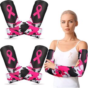 2 Pairs Breast Cancer Awareness Arm Sleeves Pink Ribbon Arm Sleeves Women Men UV Protection Compression Arm Covers