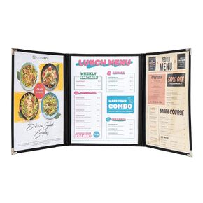 Menu Covers, Triple Fold, 3 Pockets, 6 View, for 8.5" x 11" Letter Size Paper, Pack of 6, Black Edging + Silver Metal Corner, Made with Leatherette & Vinyl
