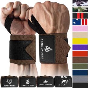 TECEUM Weightlifting Wrist Wraps with Thumb Loop – Brown – Arms on Fire – 18 inch – Heavy-Duty Workout Wrist Support & Protection – Ideal for Powerlifting, Strength Training, Bodybuilding