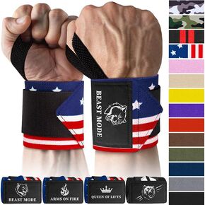 TECEUM Weightlifting Wrist Wraps with Thumb Loop – US Flag – Beast Mode – 18 inch – Heavy-Duty Workout Wrist Support & Protection – Ideal for Powerlifting, Strength Training, Bodybuilding