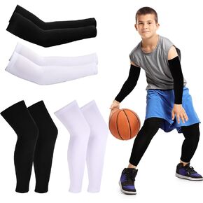4 Pairs Kids Leg Sleeves Compression and Arm Sleeves,Youth Leg Sleeves Arm Wraps with Anti-slip Silicone Strips