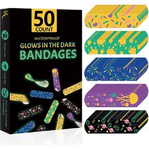 50 Count Glow in The Dark & Waterproof Bandages, Bandaids Variety Pack One Size, 5 Styles Cute Adhesive Bandages for Minor Cuts, Scrapes, and Wounds