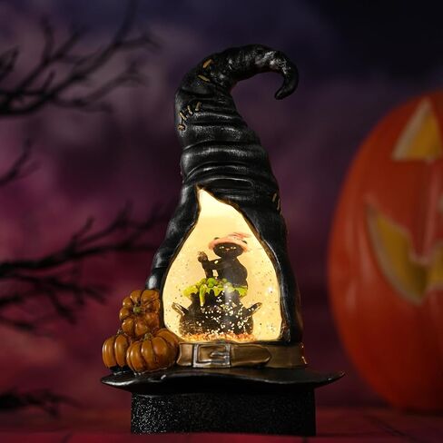 كرة ثلج الهالوين، قبعة ساحرة مع كرة ثلجية على شكل قطة سوداء، فانوس ثلجي دوار يعمل بالبطارية، مشهد مضاء LED لهدية ديكورات المنزل في الهالوين in Kuwait