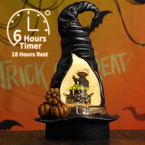 كرة ثلج الهالوين، قبعة ساحرة مع كرة ثلجية على شكل قطة سوداء، فانوس ثلجي دوار يعمل بالبطارية، مشهد مضاء LED لهدية ديكورات المنزل في الهالوين in Kuwait