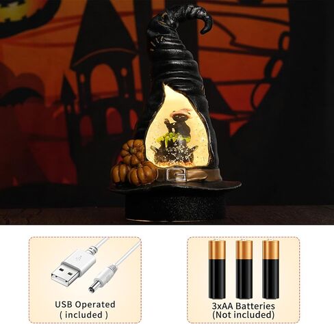 كرة ثلج الهالوين، قبعة ساحرة مع كرة ثلجية على شكل قطة سوداء، فانوس ثلجي دوار يعمل بالبطارية، مشهد مضاء LED لهدية ديكورات المنزل في الهالوين in Kuwait