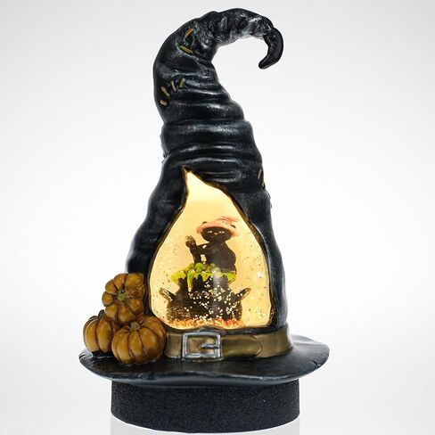 كرة ثلج الهالوين، قبعة ساحرة مع كرة ثلجية على شكل قطة سوداء، فانوس ثلجي دوار يعمل بالبطارية، مشهد مضاء LED لهدية ديكورات المنزل في الهالوين in Kuwait