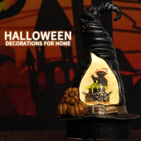 كرة ثلج الهالوين، قبعة ساحرة مع كرة ثلجية على شكل قطة سوداء، فانوس ثلجي دوار يعمل بالبطارية، مشهد مضاء LED لهدية ديكورات المنزل في الهالوين in Kuwait